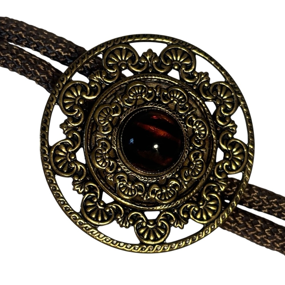 Country Western Bolo Tie Gold metal with synthetic Ruby LIKE NEW